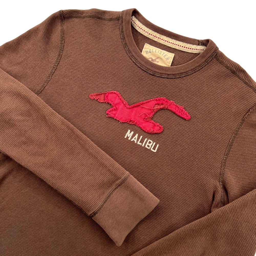 Y2K Hollister Thermal Shirt Mens L Brown Malibu Waffle Knit Long Sleeve Surf